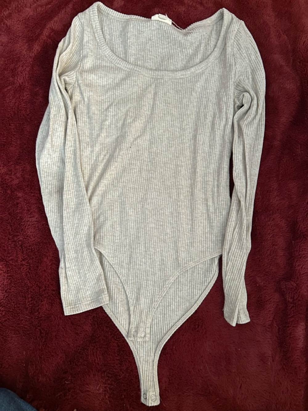 Ribbed Scoop-Neck Long Sleeve Bodysuit - Light Cream Color